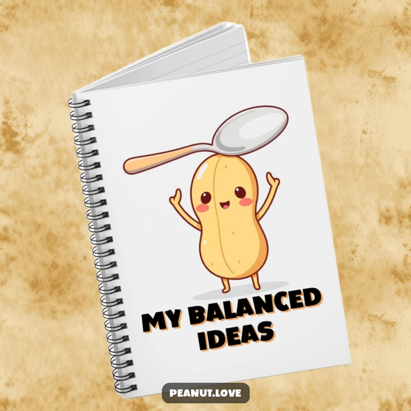 Funny notebook featuring a peanut character balancing an oversized spoon on its head, symbolizing focus.