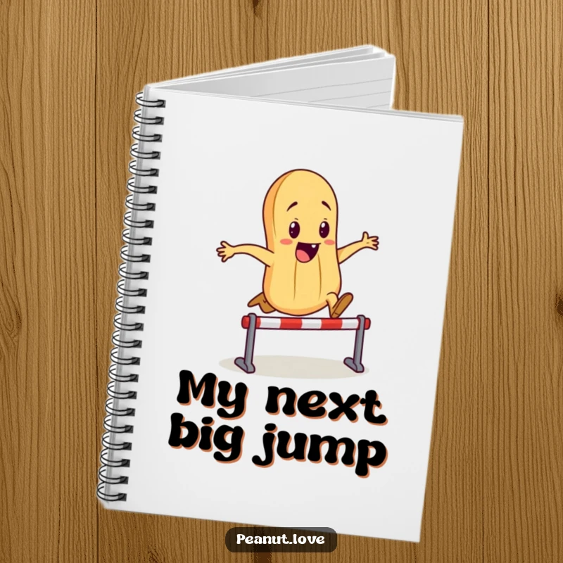 Funny notebook with an energetic peanut character mid-jump over a tiny hurdle, ready for jotting down brilliant thoughts.