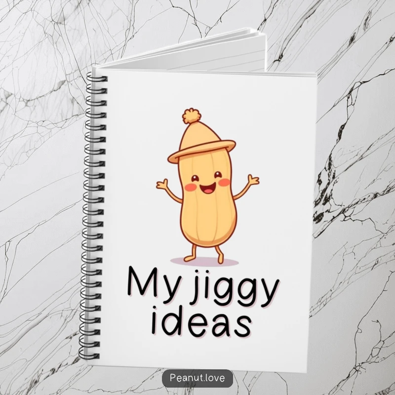 Funny Peanut Jig Notebook with a smiling peanut character doing a joyful jig, ready for your notes.