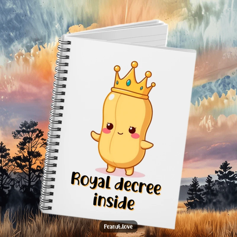 Funny Peanut King Notebook: A proud peanut character with a tiny crown, looking at a perfect peanut, perfect for writing funny ideas and royal thoughts.