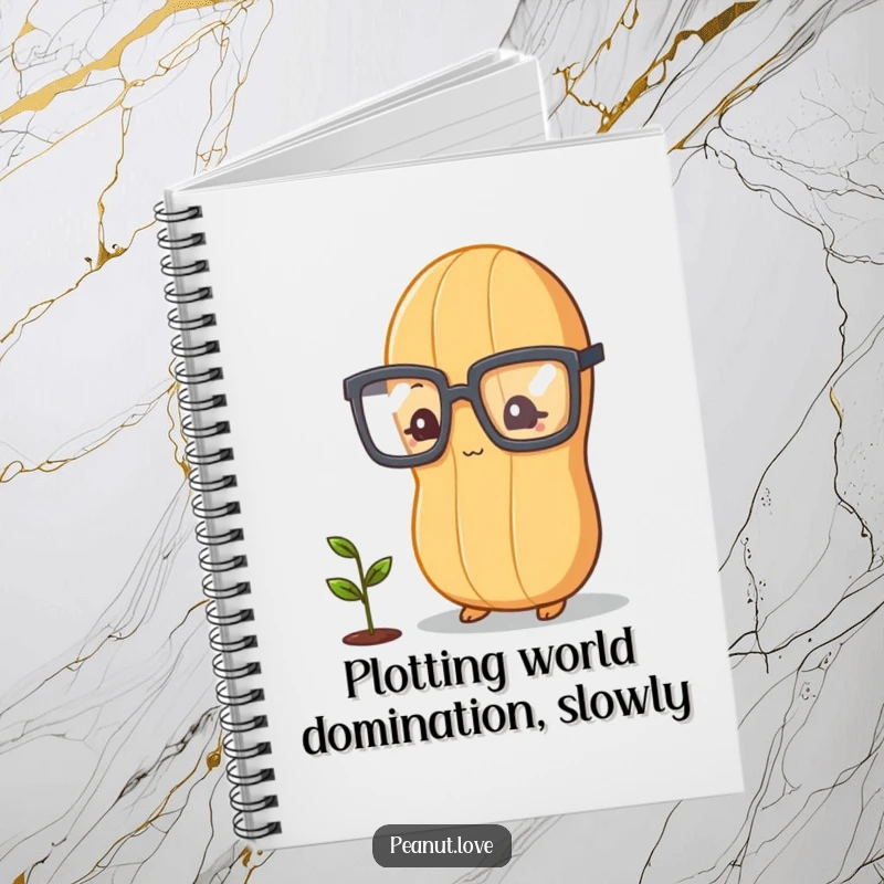 Funny peanut character with glasses, looking at a sprout, lined notebook for jotting humorous thoughts.