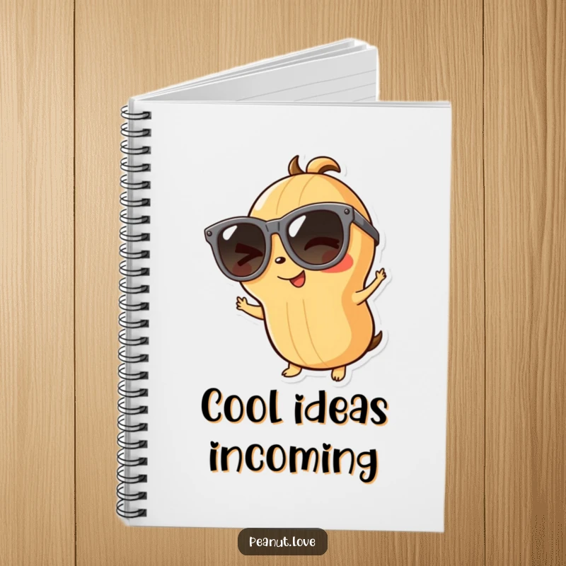 Funny playful peanut notebook with a winking character in large sunglasses, ideal for notes and creative thoughts, a funny gift.