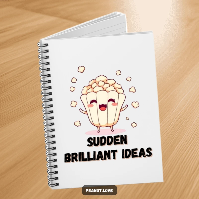 Funny notebook featuring a surprised popcorn kernel character popping and scattering.