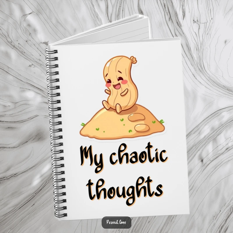 Funny peanut character rolling down a hill, on a notebook cover, perfect for jotting down spontaneous thoughts.