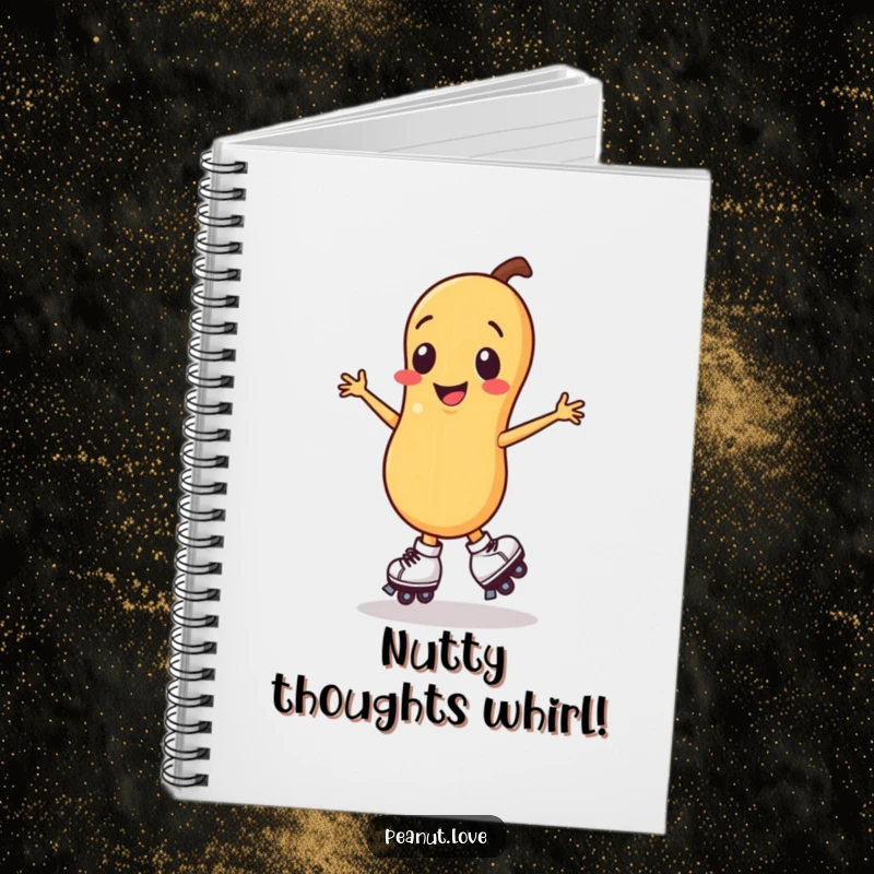 Funny smiling peanut character notebook cover, spinning on roller skates.