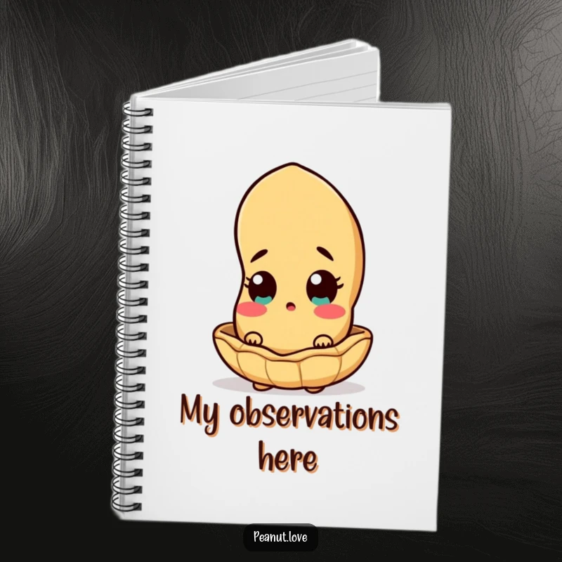 Funny peanut character peeking out from its shell, on a notebook cover, perfect for capturing sudden ideas.