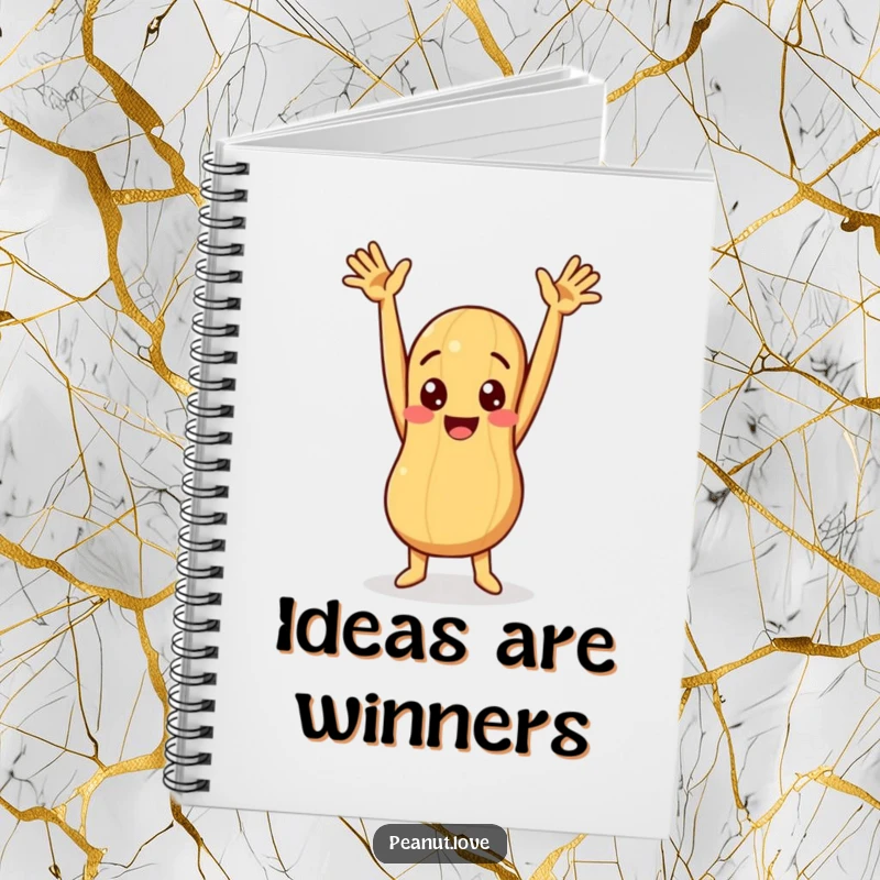 Funny notebook with a peanut character in a humorous, arms-up celebratory pose, ideal for capturing joyful thoughts.