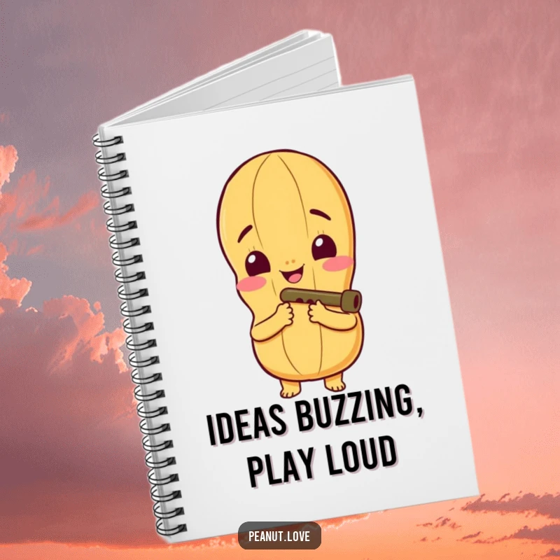 Funny Notebook featuring a Peanut Character's Wide Smile Playing a Tiny Kazoo, Inspiring Musical Notes