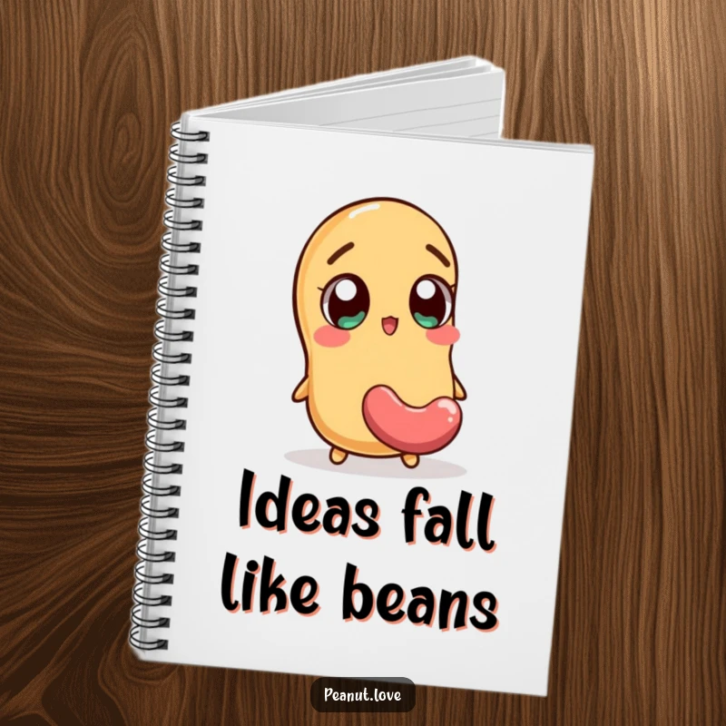 Funny notebook featuring an excited peanut character wide-eyed at a falling jellybean, perfect for capturing surprising ideas.