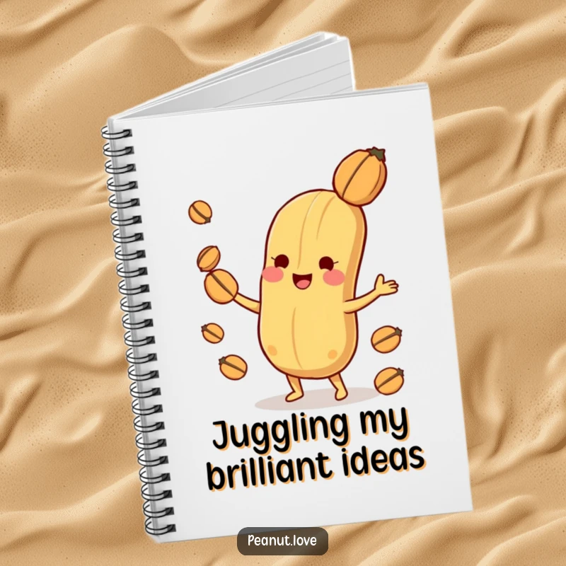 Funny playful peanut character notebook cover, illustrated while joyfully juggling nuts with impressive skill.