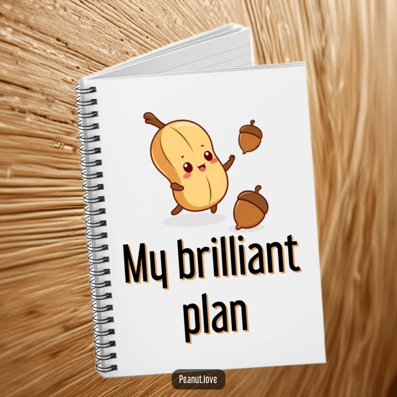 Funny notebook cover with a determined kawaii peanut reaching for a falling acorn, encouraging goal-setting with humor.