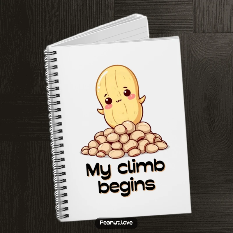 Funny notebook with a determined Kawaii peanut character climbing, ideal for goal setting and note-taking.