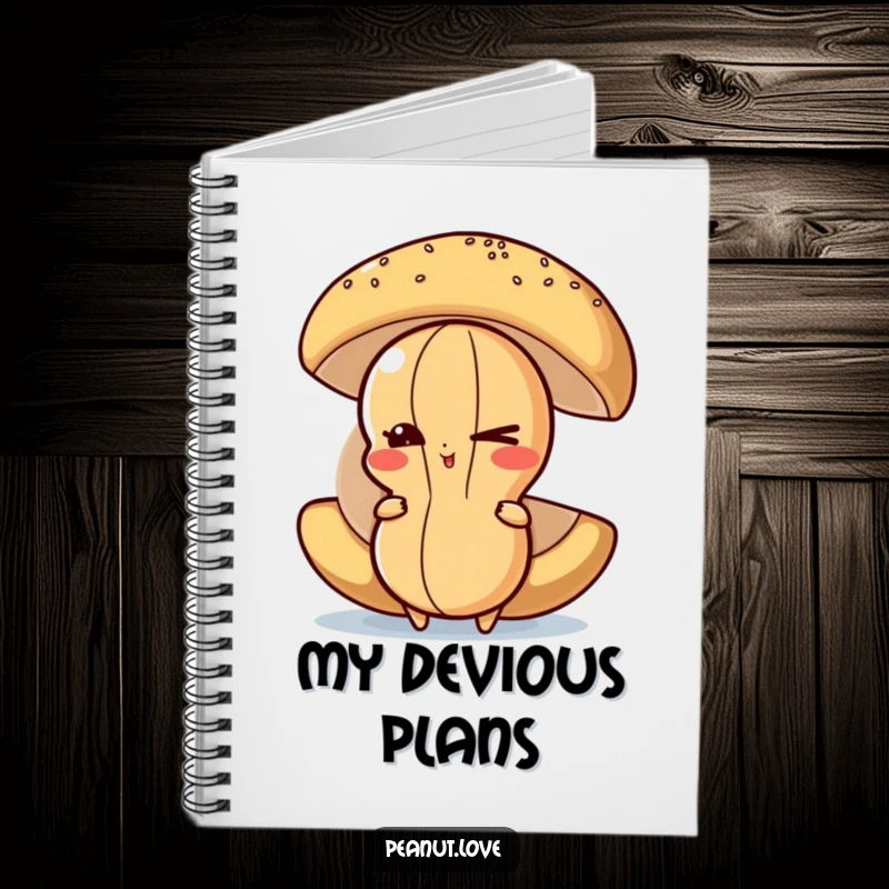 Funny Peanut Notebook: Features a mischievous peanut character winking slyly while hiding behind a delicious food item.