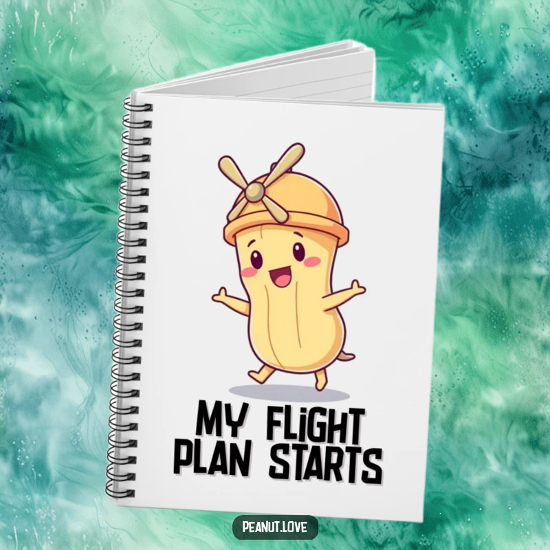 Funny notebook featuring a peanut character in a propeller hat, humorously planning its flight.