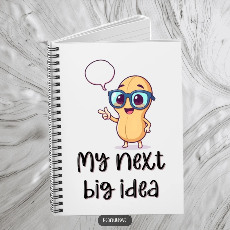 Funny notebook with a peppy peanut in oversized glasses, pointing at a thought bubble, encouraging witty and clever writing.