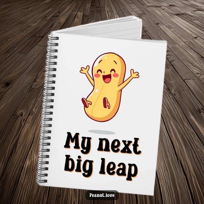 Funny notebook with a happy peanut character kicking its legs in mid-air, symbolizing energetic thoughts and creativity.