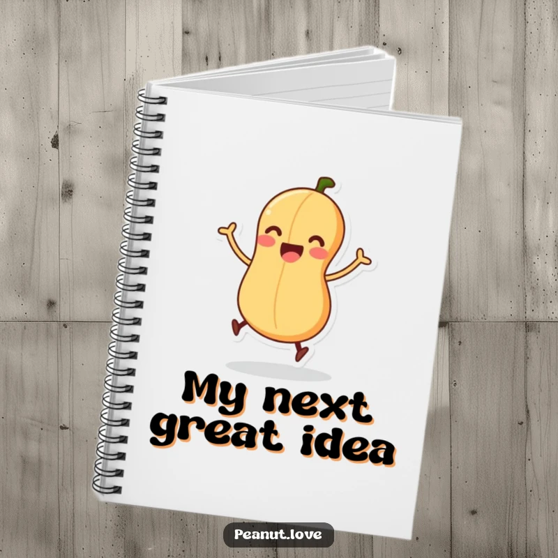 Funny notebook cover with an excited peanut character wiggling its legs, ready for a fun jump.