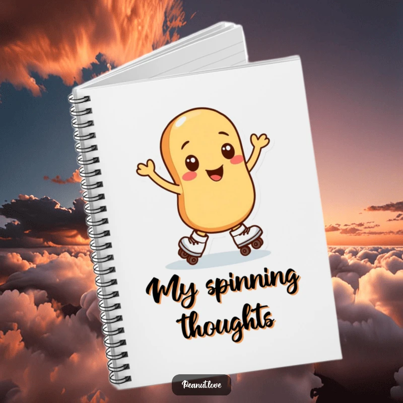 Funny notebook with a peanut character in roller skates, in mid-spin, perfect for jotting down nutty thoughts and plans.