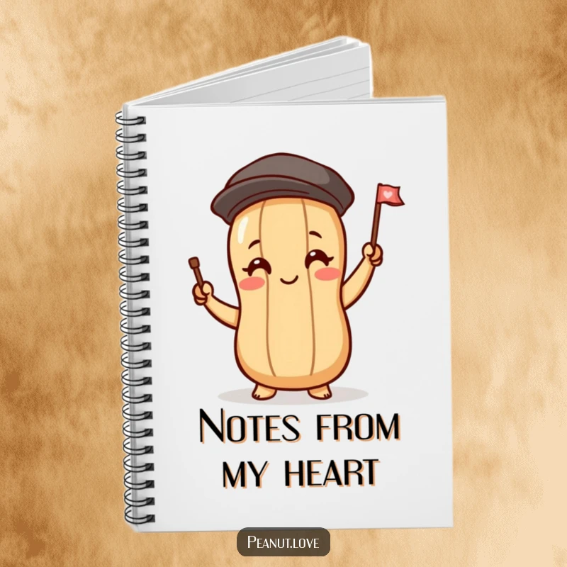 Funny notebook with a peanut character blushing and waving a tiny flag, perfect for jotting down happy thoughts and ideas.