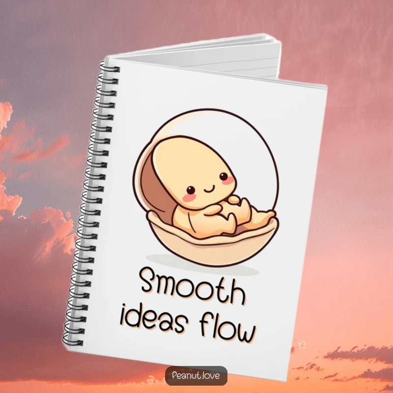 Funny notebook with a kawaii peanut character playfully sliding down a smooth shell, ideal for jotting down fun ideas; a gift.