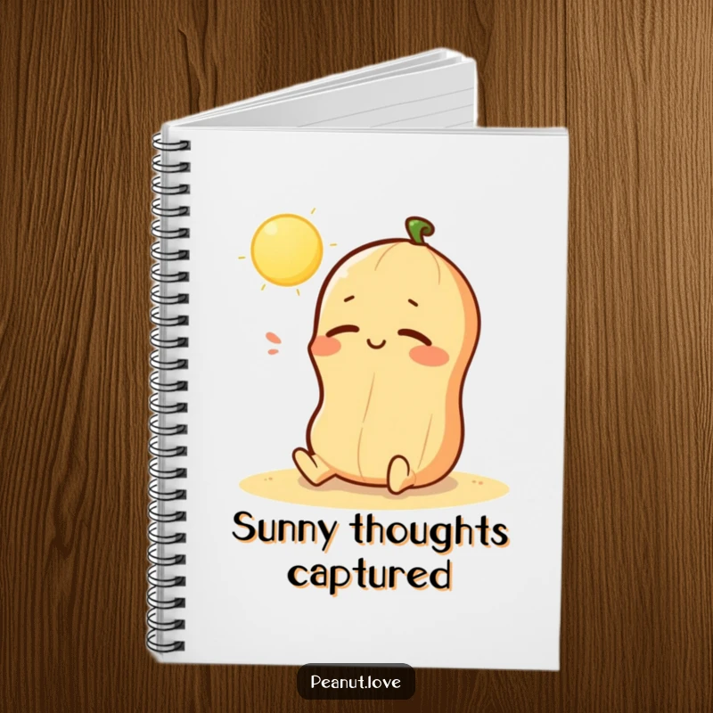 Funny notebook with a kawaii peanut character happily sunbathing, ideal for jotting down peaceful ideas; a gift.
