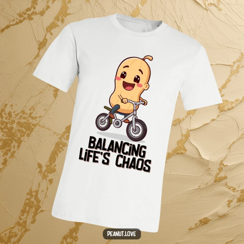 Funny t-shirt featuring a grinning peanut character expertly balancing on a miniature unicycle, perfect for spreading cheer and amusement.