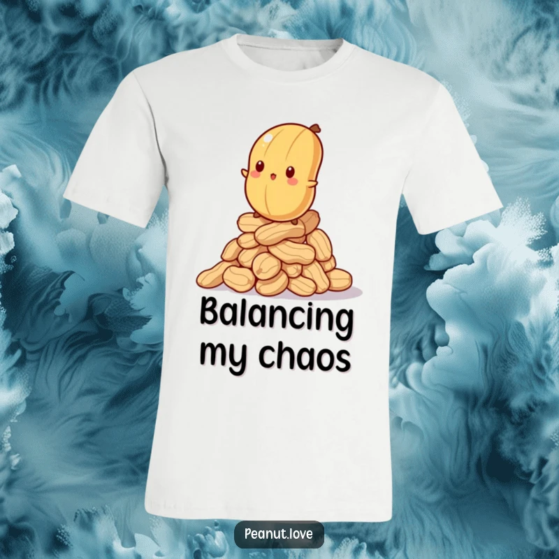 Funny t-shirt depicting a bewildered peanut attempting to balance on a shaky, uneven stack of peanuts, embodying relatable struggle.