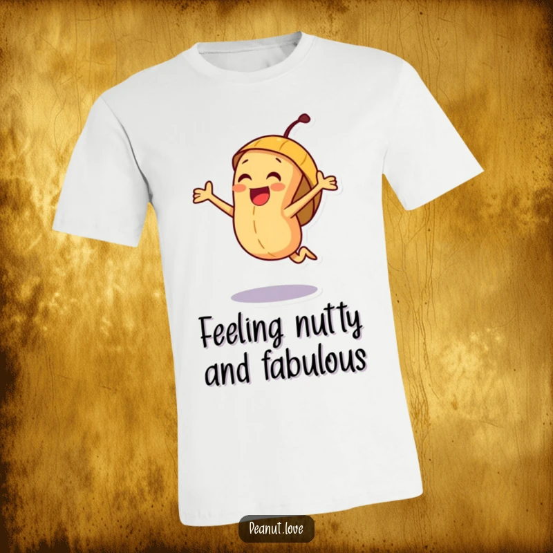 Funny joyful peanut character t-shirt, captured mid-leap with pure excitement inside a bright, cheerful shell.