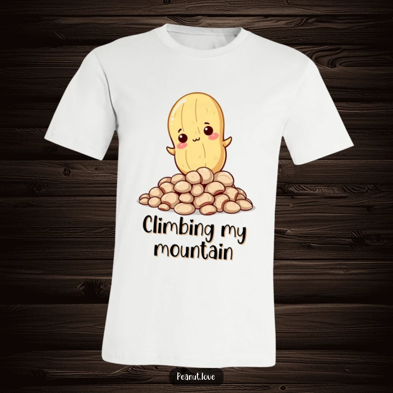 Funny t-shirt depicting a determined Kawaii peanut character climbing a stack of shells, inspiring perseverance with humor.