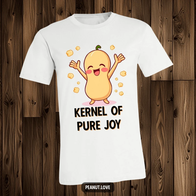Funny Giggling Peanut T-Shirt: A joyful peanut giggling with arms up, amidst popcorn. A fun tee for a funny gift.
