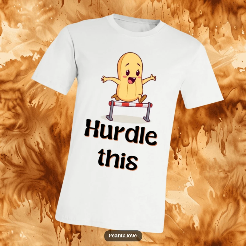 Funny t-shirt depicting a funny peanut character energetically leaping over a miniature hurdle with zeal and a cheerful attitude.