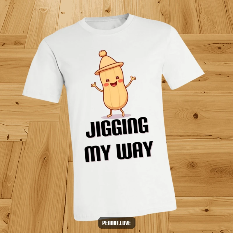Funny Peanut Jig T-Shirt featuring a smiling peanut character in a tiny hat, doing a joyful jig, full of energy.