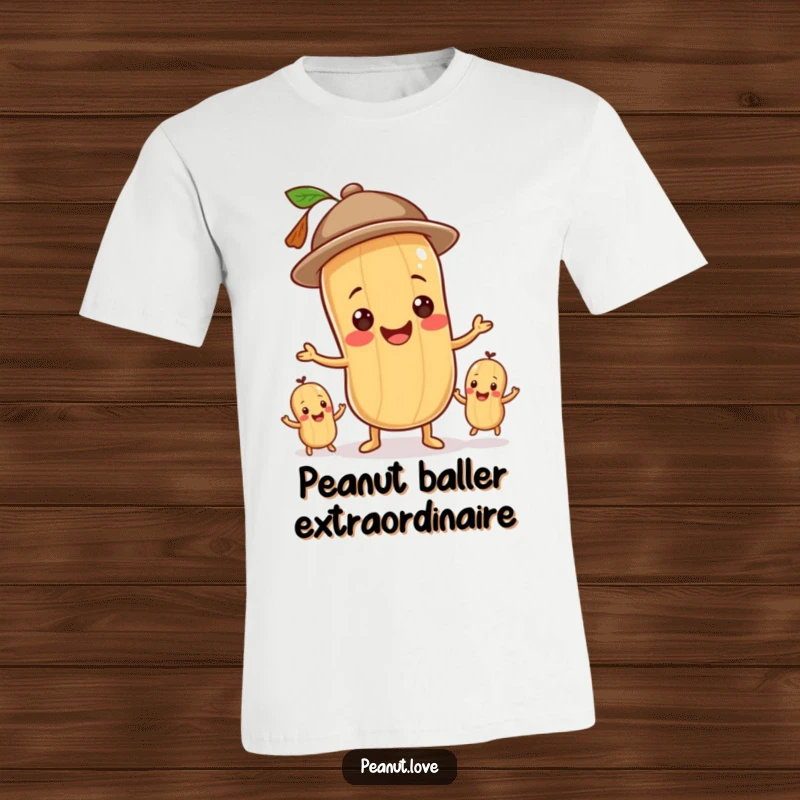 Funny t-shirt with a smiling peanut wearing a hat, juggling smaller peanuts, exuding cheerful absurdity.