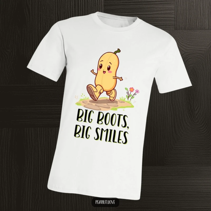 Funny t-shirt featuring a delighted peanut character merrily skipping along a path, sporting comically large boots, perfect for spreading cheer.