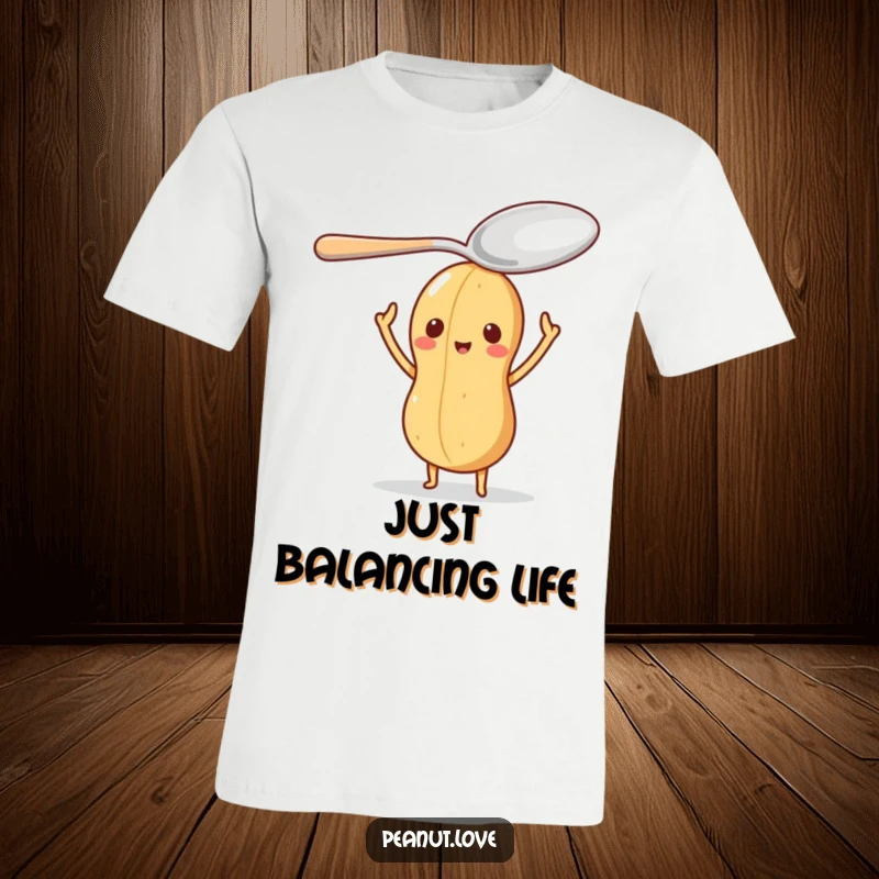 Funny t-shirt featuring a little peanut character balancing a comically oversized spoon on its head.