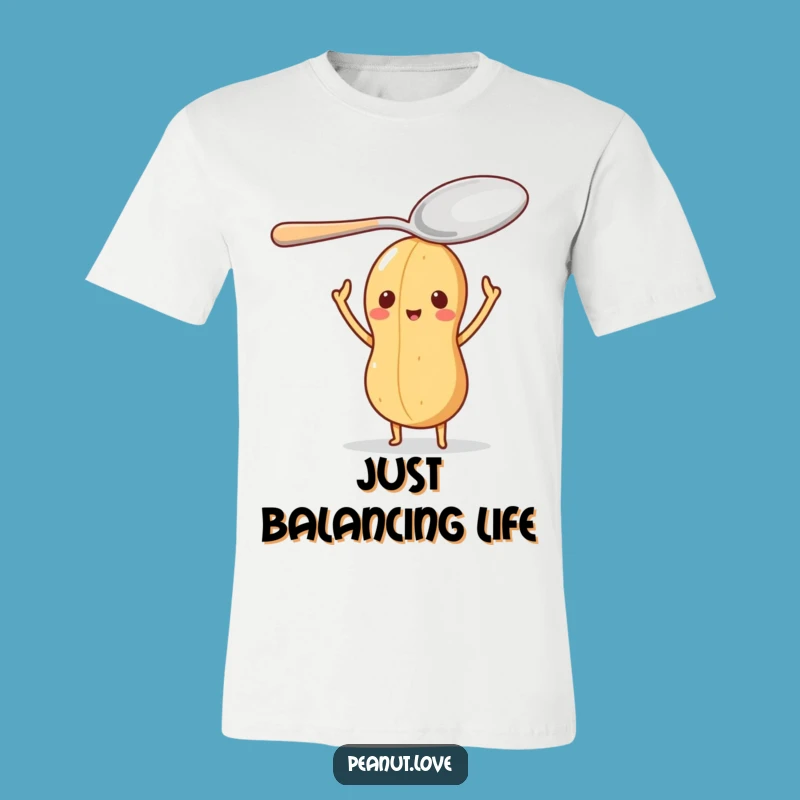 Funny Peanut Spoon Trick T-Shirt: Balancing Character Tee for Laughs
