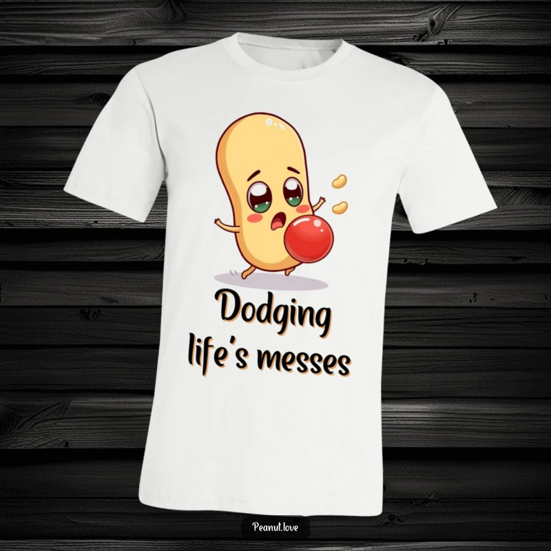 Funny surprised peanut t-shirt showing a character comically evading a falling jelly bean, perfect for lovers of slapstick, funny gift.