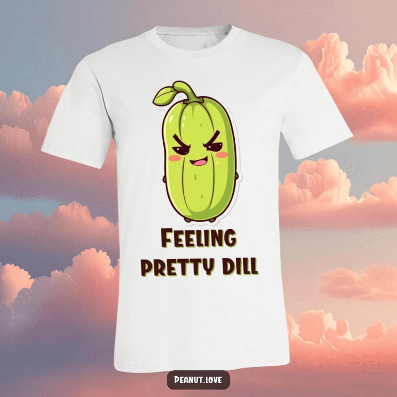 Funny anthropomorphic pickle with a mischievous grin slyly winking on a humorous t-shirt, perfect for fun.