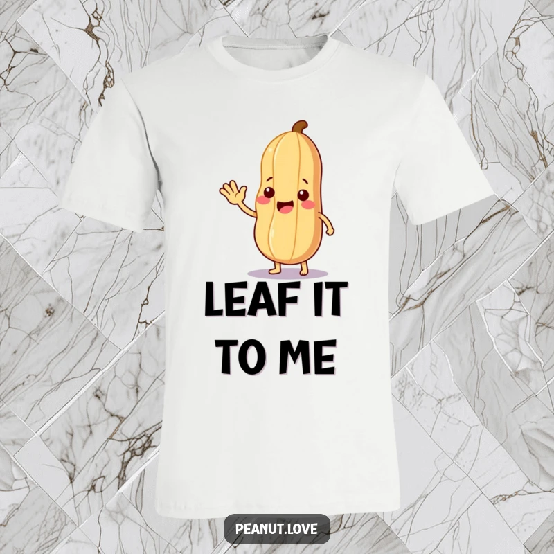 Funny Nutty Neighbor T-Shirt: A peanut character waving warmly and offering a leaf, embodying friendly greetings and nutty generosity.