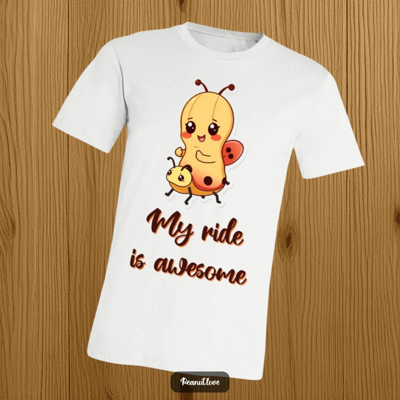 Funny t-shirt with a kawaii peanut character happily riding a ladybug, depicting a whimsical and joyful scene; a great gift.