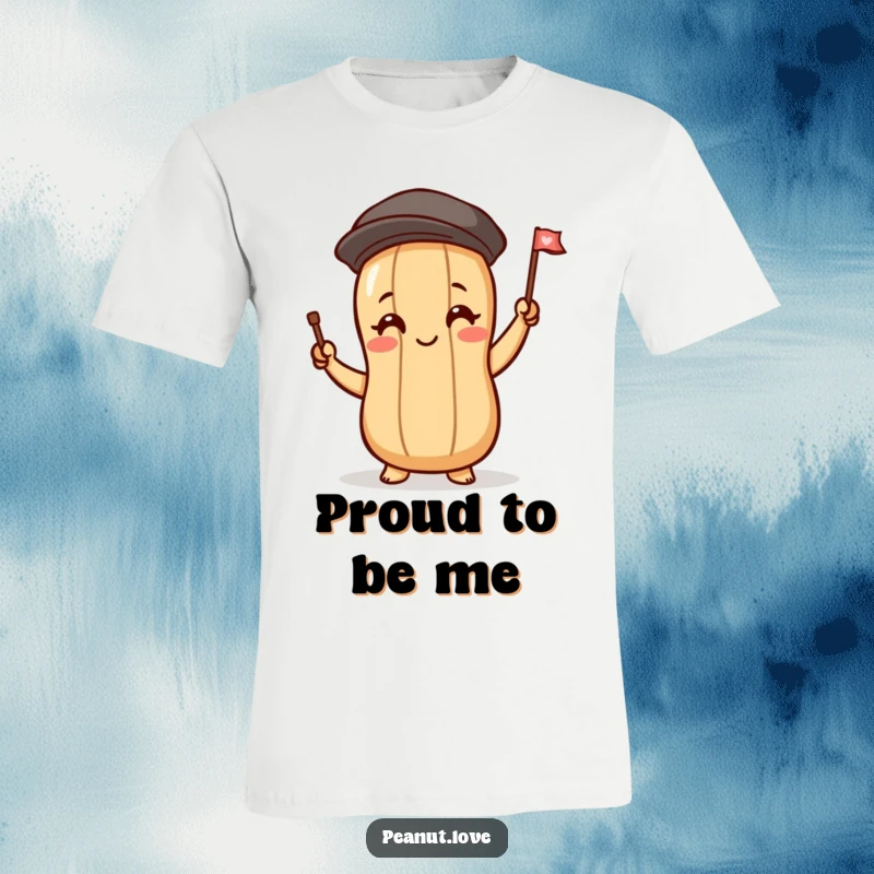 Funny t-shirt showing a peanut character with blushing cheeks, waving a tiny flag with enthusiasm, a cute and humorous design.