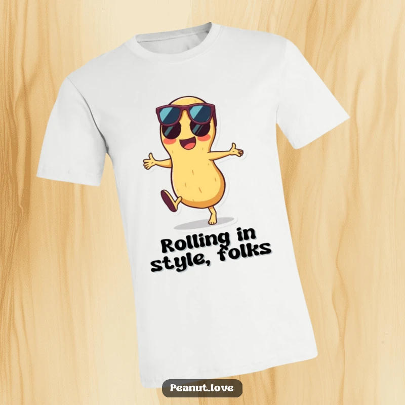 Funny t-shirt featuring a joyful peanut character performing a cartwheel while sporting stylish sunglasses, bringing laughter and cool vibes.