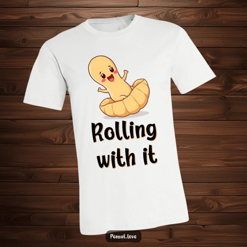 Funny t-shirt showcasing a determined peanut joyfully rolling downhill within a large peanut shell, a symbol of embracing adventure.