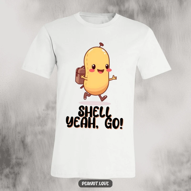 Funny anthropomorphic peanut character t-shirt depicts a happy peanut joyfully skipping with a small backpack, ready for adventure.