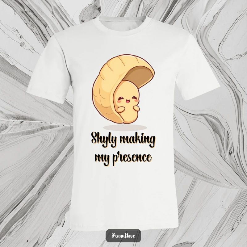 Funny t-shirt with a shy peanut peeking from behind a giant peanut shell, suppressing a delightful giggle.