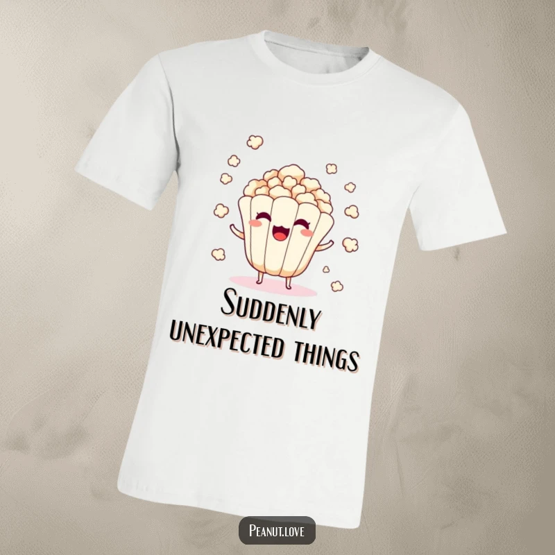 Funny t-shirt showing a surprised popcorn kernel character popping wildly and scattering.