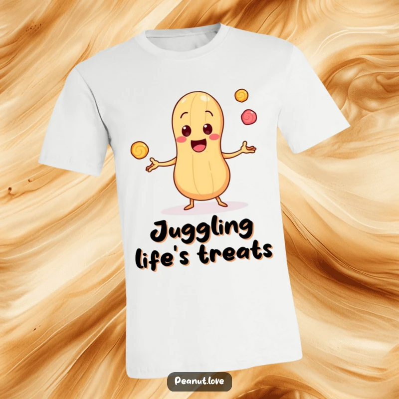 Funny T-Shirt: Cheerful Peanut Character Juggling Tiny Bouncing Candy Pieces, Spreading Sweet Joy