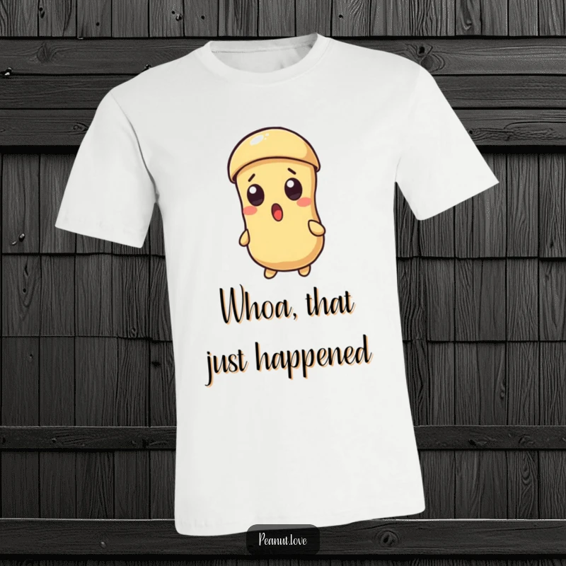 Funny t-shirt capturing a Kawaii peanut character's surprised expression as its shell begins to crack open.