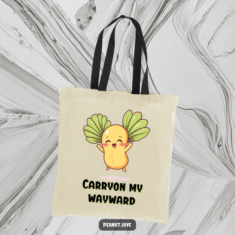 Funny tote bag depicting a determined peanut character soaring with fan leaves, a whimsical and humorous carry-all design.