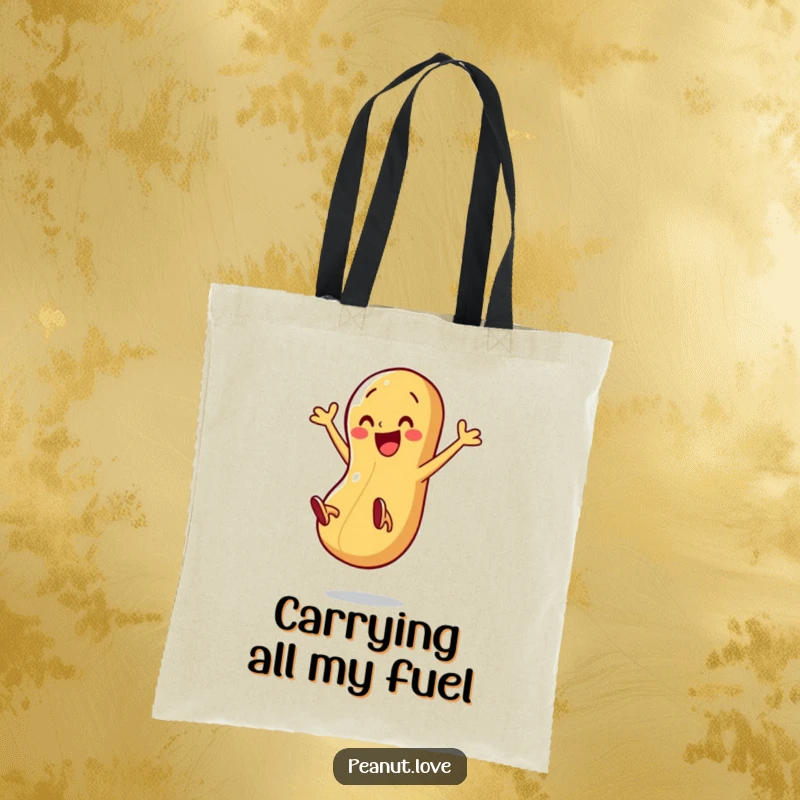 Funny tote bag with a happy peanut character kicking legs in mid-air, symbolizing energy and a go-getter attitude.